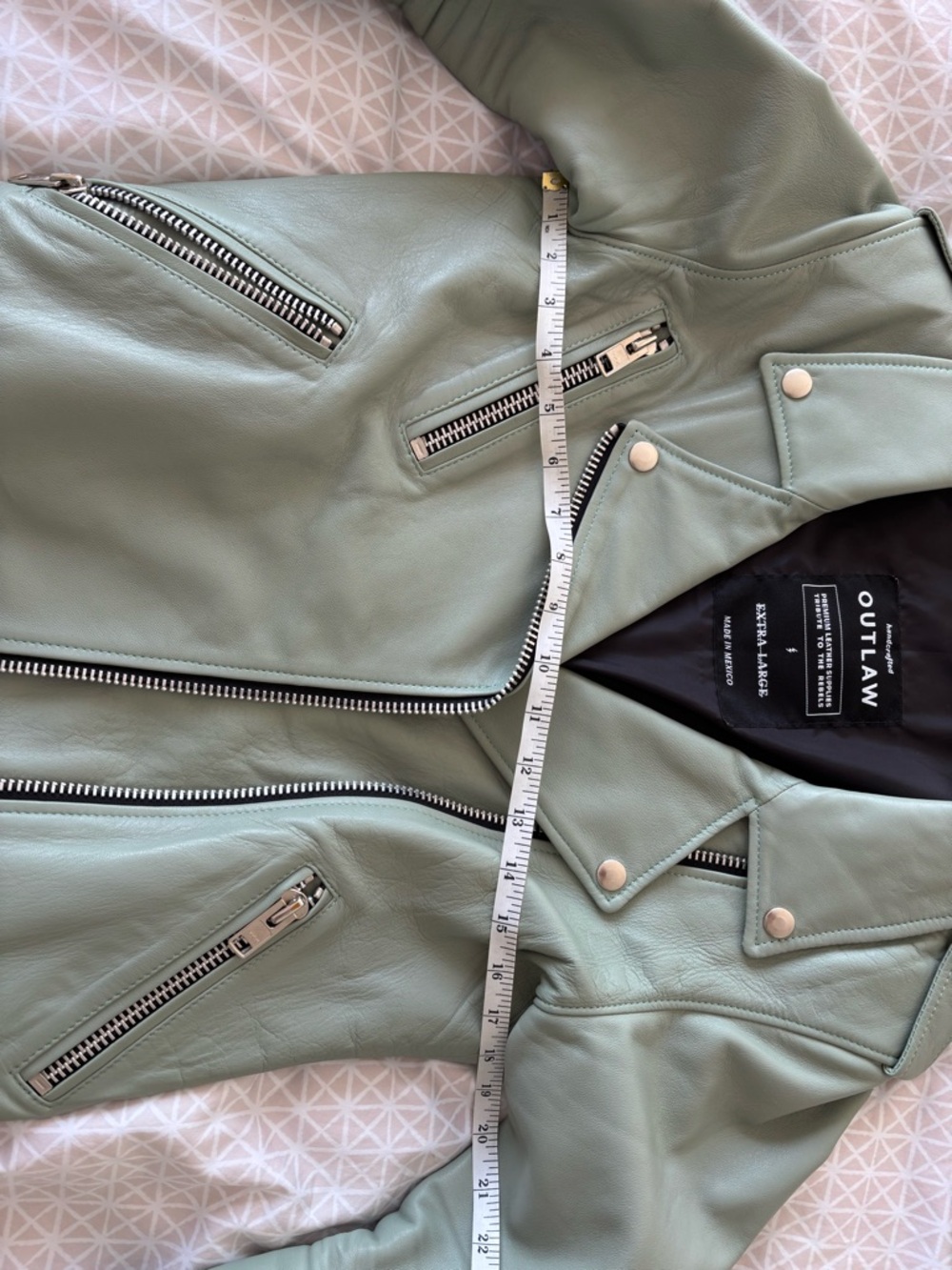 OUTLAW Mint Green Genuine Leather Moto Jacket - handmade in Mexico - fits L - Picture 6 of 7